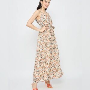 Sim & sam Elegant Floral Maxi Dress in Cream and Orange